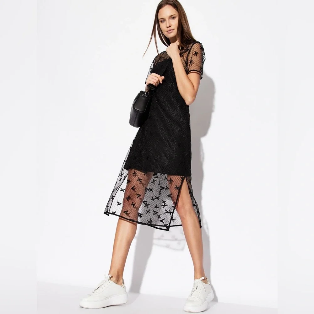 NWT Armani Exchange A/X Embroidered Black Mini / Midi Occasional Dress | Size 4 - Picture 1 of 7